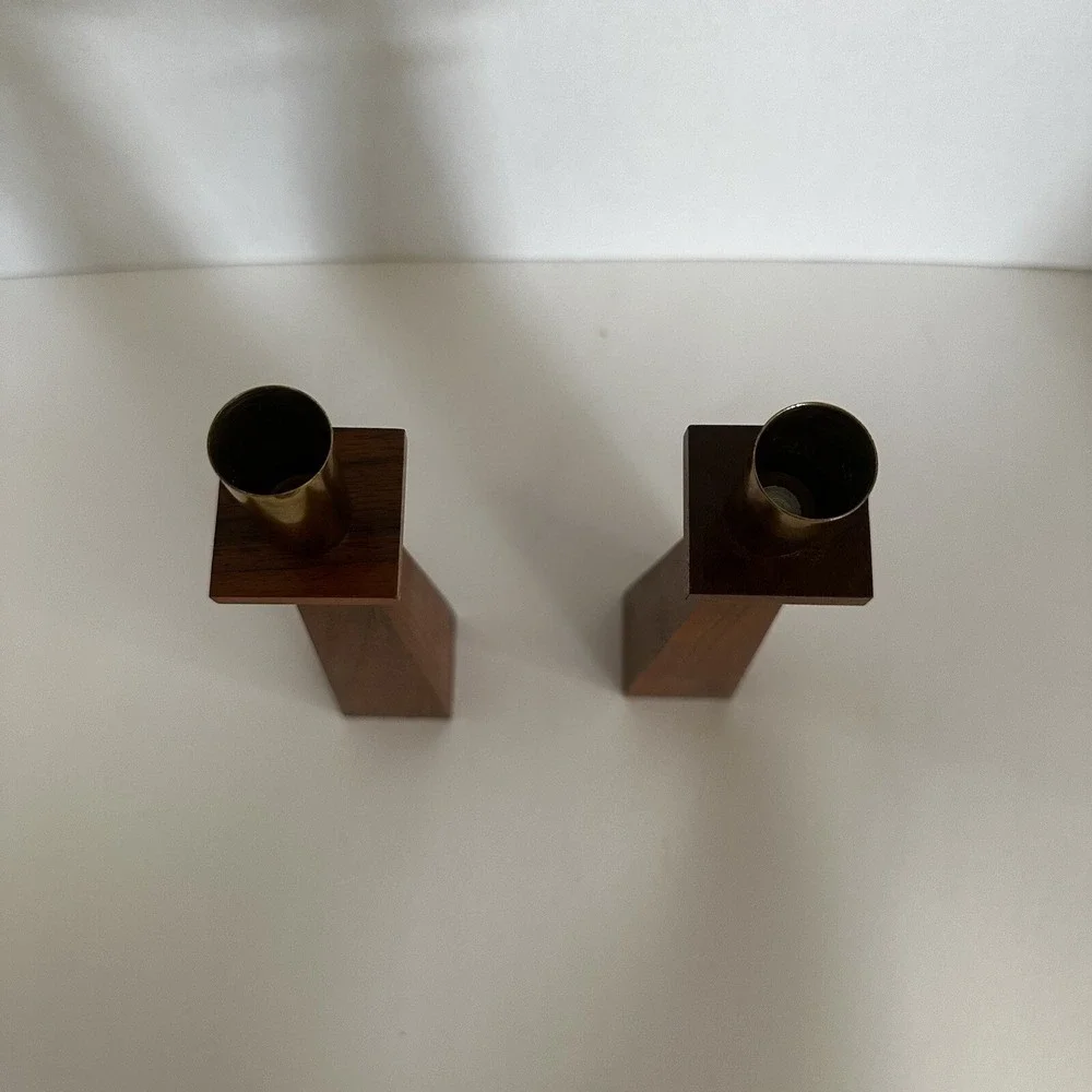 Vintage Danish Modern Kustom Kraft Walnut Brass Taper Candle Holders‎ 9 Inch